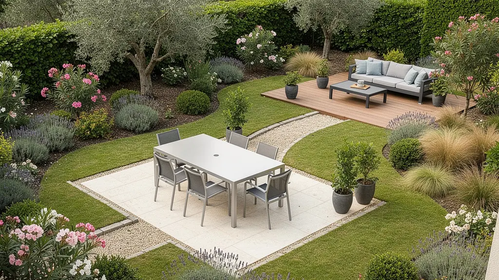 Vue d'un jardin organisé avec zones repas, détente et circulation distinctes