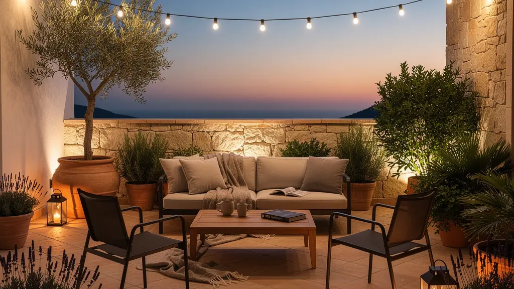 Salon de jardin illuminé par des guirlandes créant une ambiance chaleureuse