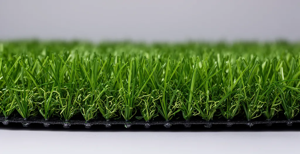 Vue en coupe d'un gazon synthétique dense montrant la structure des fibres