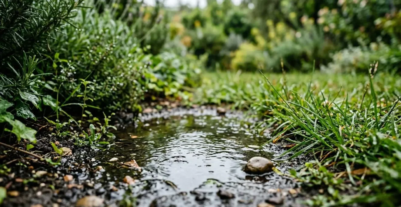 Détail de sol avec eau stagnante formant une flaque près d'une bordure de jardin méditerranéen après une averse