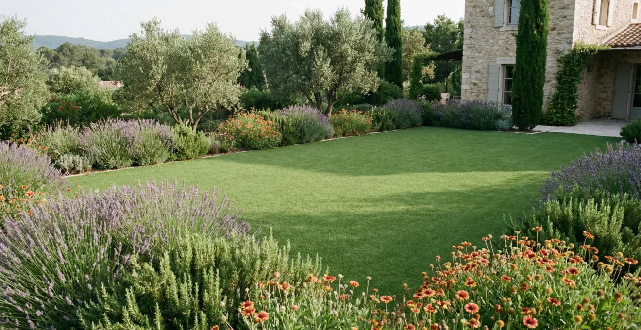Jardin méditerranéen avec pelouse synthétique posée sous lumière naturelle