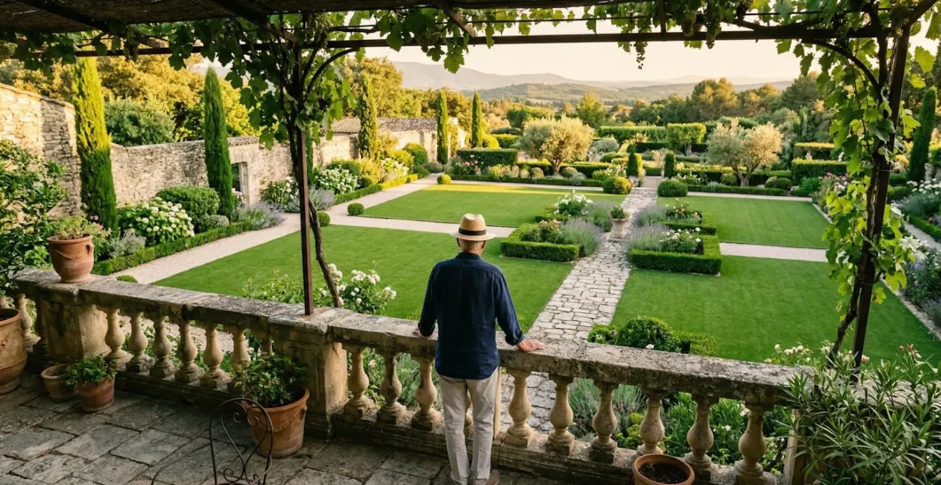 Propriétaire observant de dos son jardin provençal équipé de gazon synthétique impeccable depuis une terrasse ombragée au soleil couchant