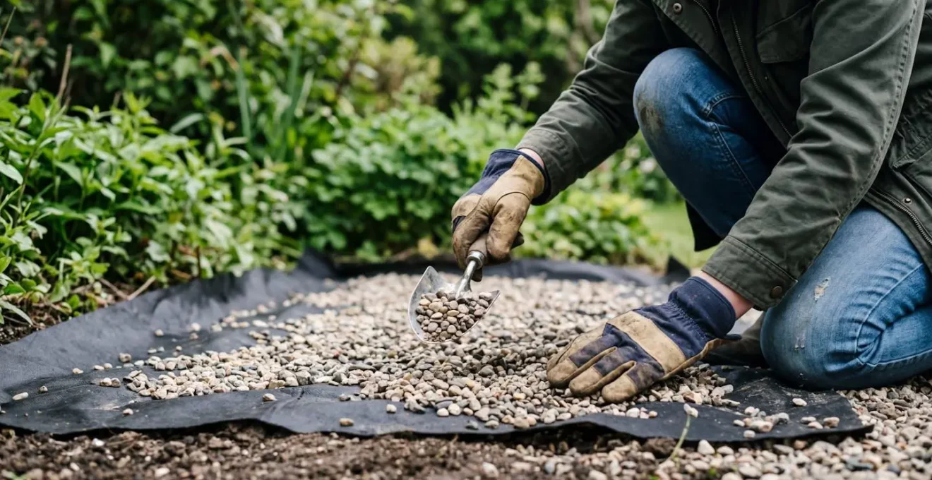 Mains gantées d'un jardinier étalant du gravier concassé sur un géotextile posé au sol lors de la préparation du terrain