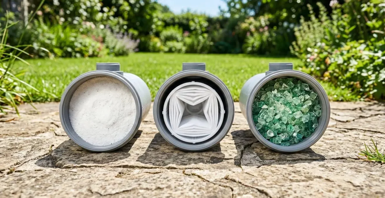 Vue de dessus d'un filtre de piscine ouvert montrant trois compartiments côte à côte avec du sable, une cartouche plissée et du verre filtrant, dans un environnement de jardin ensoleillé