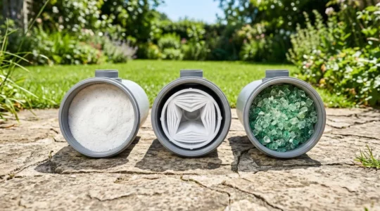 Vue de dessus d'un filtre de piscine ouvert montrant trois compartiments côte à côte avec du sable, une cartouche plissée et du verre filtrant, dans un environnement de jardin ensoleillé
