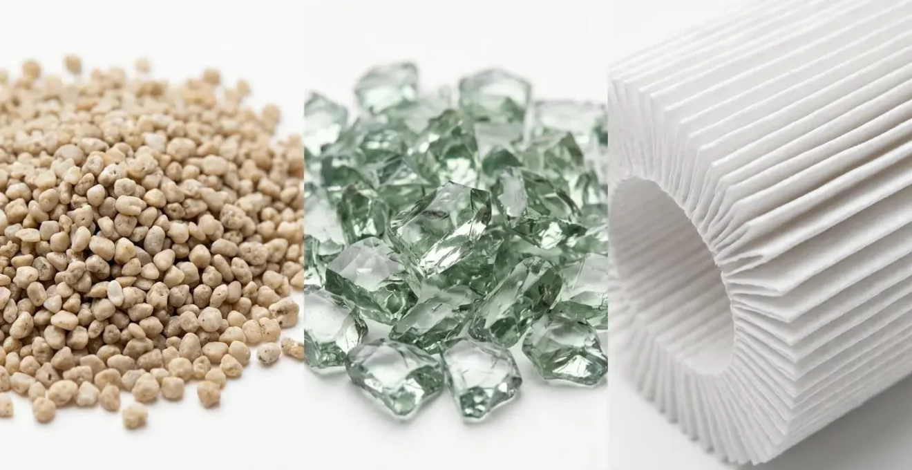 Gros plan macro sur trois textures de médias filtrants posés sur une surface blanche : granules de sable beige à gauche, fragments de verre vert translucide au centre, nervures blanches d'une cartouche plissée à droite